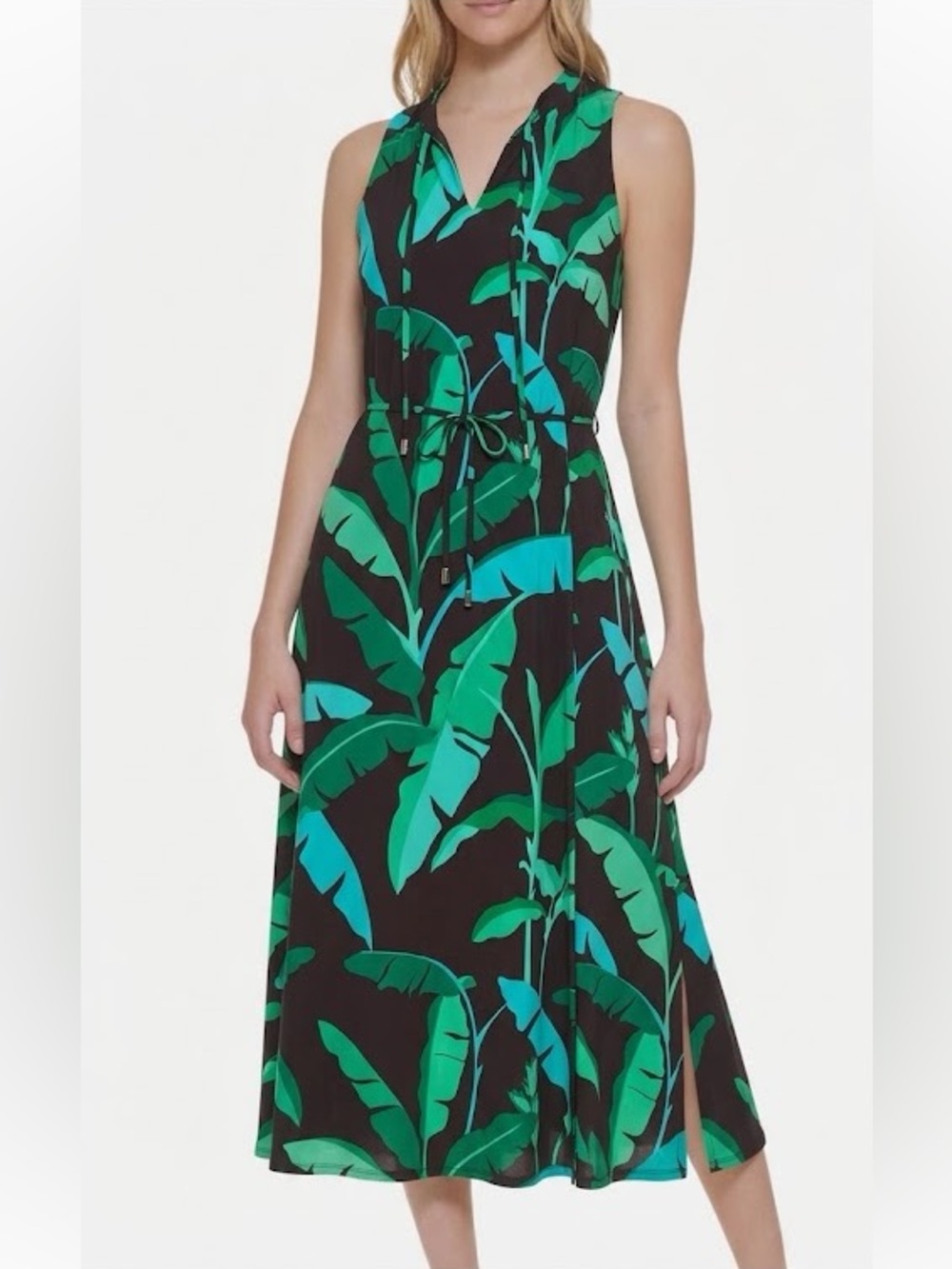 Tommy Hilfiger Sleeveless Dress BlueGreen Tropical Banana Leaf Print V Neck Sz 8